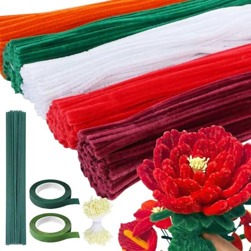 Niuny Pfeifenputzer zum Basteln Blumen 500Stk Pfeifenreiniger Blumen 5 Farben Pfeifenreiniger zum Basteln Pipe Cleaner Rote Pfeifenputzer mit Blumendraht Staubgefäße Klebeband für DIY Blumenstrauß