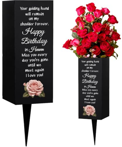 WEBEEDY Friedhofsvasen Alles Gute Zum Geburtstag Im Himmel Grabvasen Mit Stiel Rosenblume Friedhofsdekorationen Für Grab Garten Hof Gedenkvase Beileids Geschenk 8x20cm,1PCS