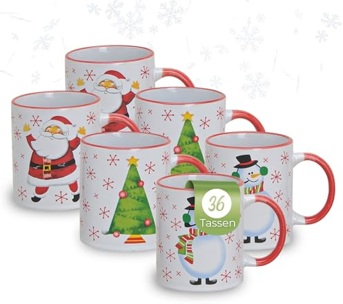 Schöne Weihnachtstassen im 36 Stk. Karton - bunte 300 ml Kaffee-Tassen mit lustigen Weihnachtsmotiven