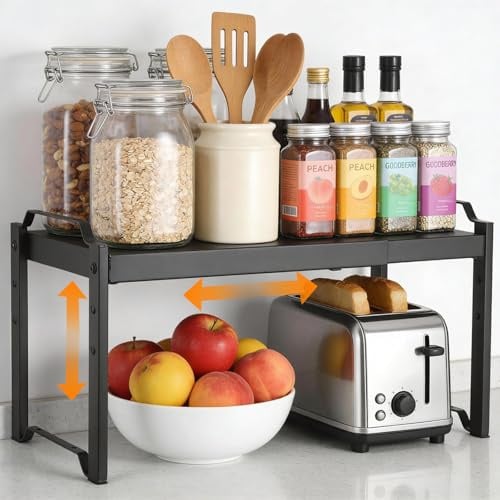 Küchenregal Arbeitsplatte Organizer, Schrankregal Ausziehbares 32-53cm, Regaleinsatz für Küchenschrank mit 3 Höhen, Stabiles Teleskopregal Küche, Schwarz - Ideal als Tischregal oder Gewürzregal