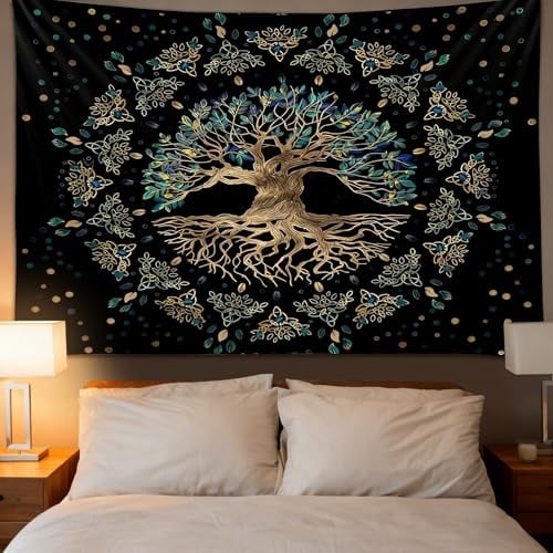 Vyranut Tapisserie murale Mandala Arbre de Vie – Décoration bohème noir & blanc avec soleil et lune, idéal pour chambre, salon, yoga & méditation – 150×200 cm