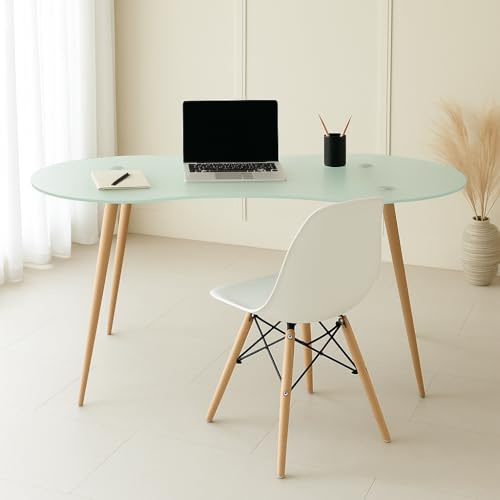 Bureau avec plateau en verre translucide et pieds effet bois chêne - 140 x 70 x 74 cm - Design moderne et élégant