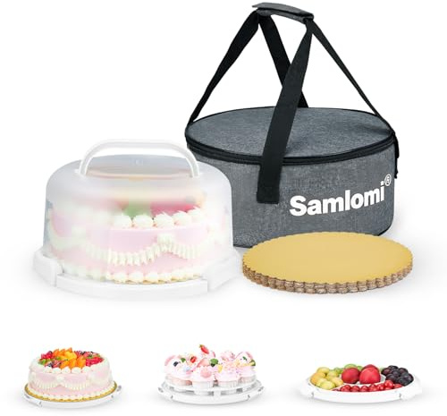 Samlomi Cake Carrier With Lid And Handle, Bpa-Free Cake Holder With Lid For 10 Inch Round Cake Carrier With 10 pcs Round Golden Cake Boards And Portable Insulated Bag（White）