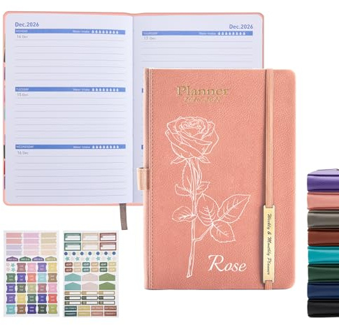ENOMY Personalisierter Wochenplaner 2026 Hardcover mit PU-Leder – A5 Schülerkalender & Terminkalender mit Stifthalter, Innentasche und Kalenderstickern Rosa