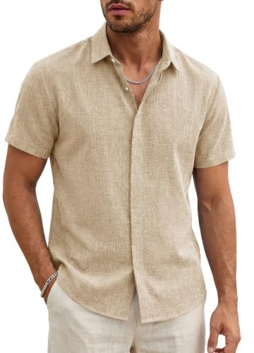 Runcati Chemise d'été légère à manches courtes pour homme - Coupe droite - En lin - Pour mariage, affaires, plage - Décontractée - Couleur unie, beige, M