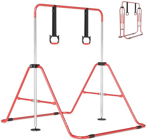 COSTWAY Gymnastikstange Kinder faltbar, Reckstange mit 4 Verstellbarer Höhen & Turnringe, horizontale Turnstange für Indoor & Outdoor, Turnreck erweiterbar für Kinder von 3-12 Jahren