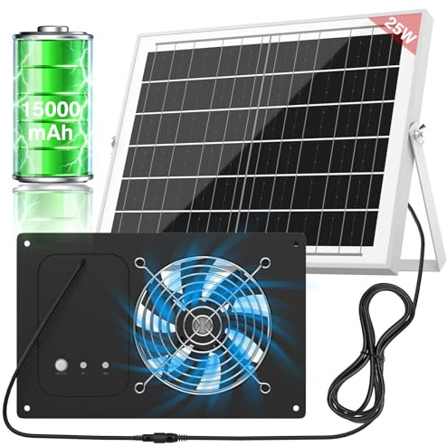 ANTEQI Solar Panel Fan Kit, 25W Solar Fan with Timer and 15000mAh Battery, Waterproof 3500 RPM High-Speed for Chicken Coops, Greenhouses, Pet Houses, Sheds & Windows Exhaust (Medium)