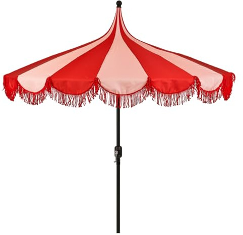 MICA Decoration Kim Gestreifter Sonnenschirm mit Tragetasche - Stockschirm 238 x Ø235 cm - Garten oder Balkon Sonnenschutz - Polyester, Stahl - Rot