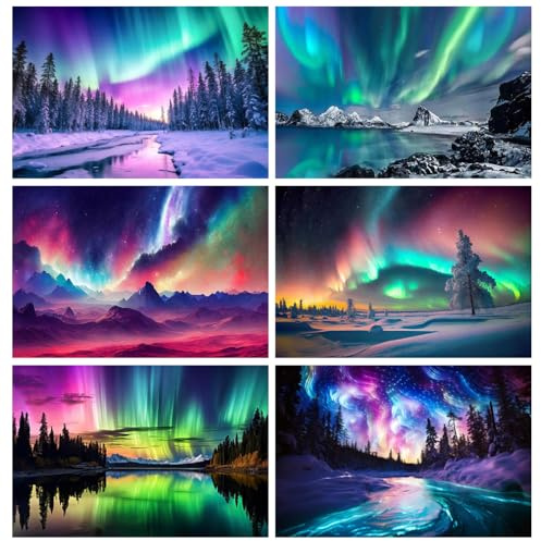 tigdtiu 6 Pack Landschaft Diamond Painting Erwachsene, Aurora 5D Diamond Painting Bilder, Diamant Painting Mosaik Bastelset Erwachsene für Wohnkultur und Geschenke 30x40cm