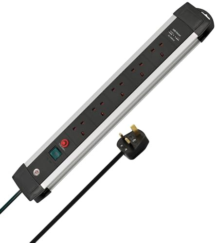 Brennenstuhl Premium-Alu-Line FB, 5-way extension lead with 2 USB charging ports (with switch, 3m cable and aluminium housing, with Safety Fuse Button, Made in Germany) black