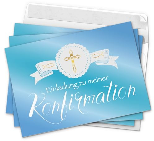 10 x Einladungskarten zur Konfirmation mit Umschlägen/Goldenes Kreuz, Blauer Verlauf/Konfirmationskarten/Einladungen zur Feier