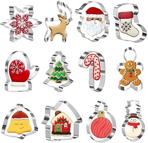 12 Pieces Christmas Cookie Cutters Set - Gingerbread Man, Christmas Tree, Snowflake, Snowman, Stocking, Reindeer, House and More Shapes - Stainless Steel Holiday Cookie Cutter for Baking
