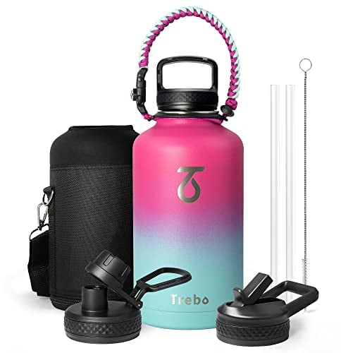 Trinkflasche Edelstahl 2L, Trebo Thermosflasche mit Strohhalm mit Paracord-Griff & 3 Deckeln, Edelstahl Trinkflasche Breites Maul Große Sportflasche Kalt halten 48 Stunden Wasserflasche, Rosenrot