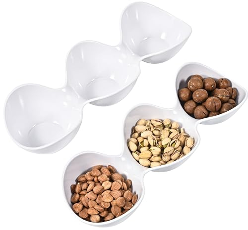 Blue Boat 2PC 14.5 x 5 Melamine 3-Section Divided Dishes, Stackable Serving Tray, 3 Compartment Appetizer Serving Tray, White Divided Serving Dishes, for Snack, Food, Serving Platter Set of 2
