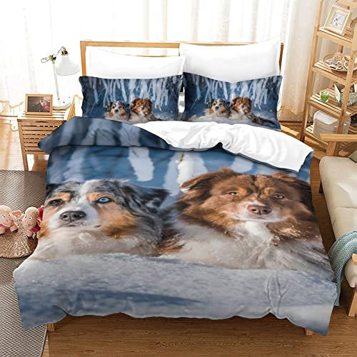 WalfiaA 3D-Gedruckter Bettdeckenbezug Australian Shepherd Bettwäsche Weiche Mikrofaser-Bettwäsche Single Single 135 x 200 cm, 1 Bettbezug + 1 Kissenbezug