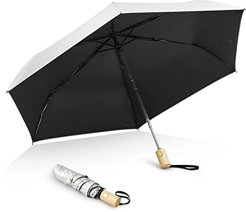 G4Free 42 Inch Travel Umbrella UPF 50+ UV Protection with Wooden Handle Auto Open Close Lightweight Sun Rain Folding Umbrellas
