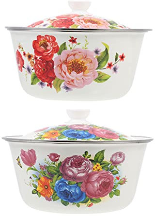 DOITOOL 2 Stück Snack Wash Washing Flower Bowls Telleraufbewahrung Teig Mit Deckel Doppelwaschbecken Topf Zum Mischen Für Keeper Deckel Vintage-Muster Zuhause Mehrzweck Emaillierte