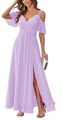 HYEC7 Women's Off Shoulder Chiffon Bridesmaid Dress Long A Line V Neck Slit Formal Evening Dresses for Junior Lilac