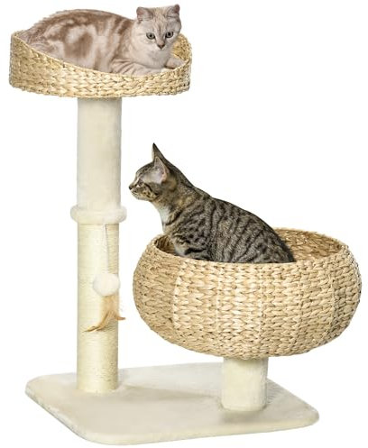 PawHut Arbre à Chat griffoir 2 Niveaux Hauteur 72 cm Poteau sisal avec Niche et Plate-Forme 1 Balle Suspendue Beige