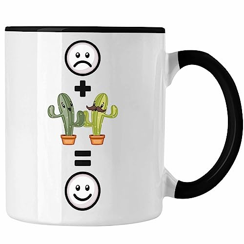 Trendation - Kaktus Tasse Geschenk für Kaktus-Liebhaber Lustige Geschenkidee :(+ Kaktus = :) (Schwarz)