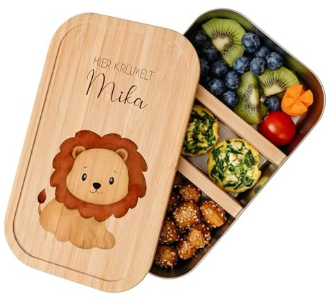 Manufaktur Liebevoll - Personalisierte Brotdose mit Fächern, Edelstahl Lunchbox mit Bambus Deckel u. Trenner, Nachhaltige Brotbüchse | Mädchen, Jungen (Motiv Löwe, Edelstahl | M)