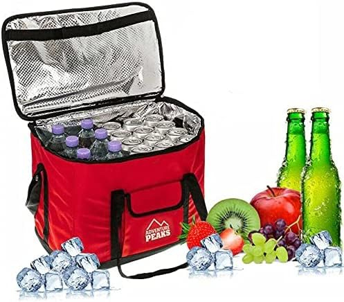 Almineez Collapsible Extra Large 30L 60 Can Insulated Hot/Cold Cooler Bag Food Beverages Drink Cool Box Picnic Camping Hiking Food Drink Ice Freezer Cool with Carry Handle (Red)