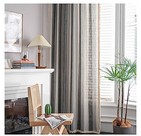 Mesnt Verdunklungsgardine, Verdunkelungsvorhang Tricolor Streifenmuster mit Quaste für Schlafzimmer, Wohnzimmer aus Baumwolle, Grau-Haken, 132x260CM-2 STÜCK