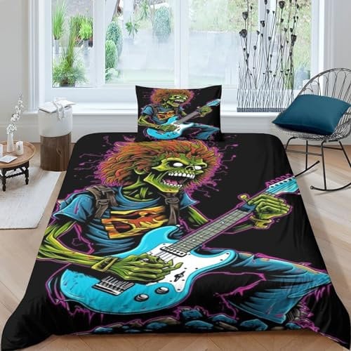 Rock 'n' Roll Duvet Cover Heavy Metal Guitar Pattern Printed Bedding Duvet Cover with Zipper Closure,Soft Microfiber Skull Bedding Set