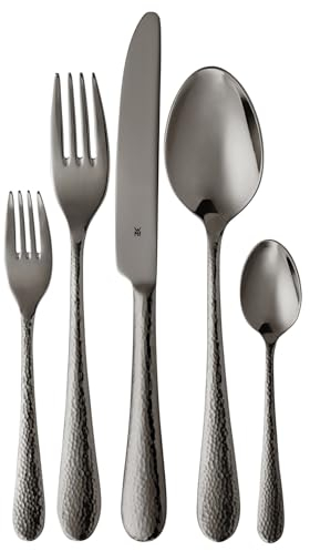 WMF Sitello Besteck Set 6 Personen, Midnight-Edition, Essbesteck Set 30 teilig, Monobloc-Messer, Cromargan Edelstahl poliert, Hammerschlag, ergonomisch, glänzend