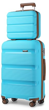 Kono Luggage Sets 2 Piece Hard Shell Polypropylene Travel Trolley with 4 Spinner Wheels TSA Lock Carry On Hand Cabin Suitcase with Beauty Case (Blue/Brown)