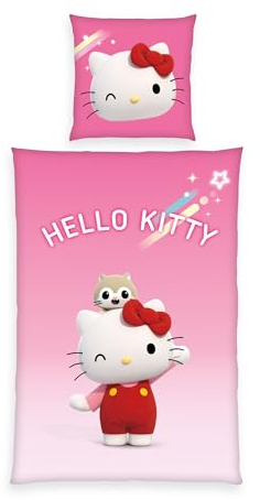 Herding Bettwäsche Hello Kitty, Kopfkissenbezug 80 x 80 cm mit Wende-Motiv, Bettbezug 135 x 200 cm, Mit Reißverschluss, 100% Baumwolle/Renforcé