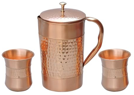 HealthGoodsIn Wasserkrug aus reinem Kupfer mit 2 Kupfergläsern (gehämmertes und schlichtes Muster) für Ayurveda-Gesundheitsvorteile (mit gebogenem Glas), CU-77