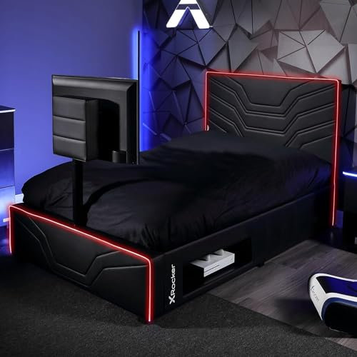X-Rocker Oracle RGB TV Gaming Bed with Rotating TV Mount and Neo Fibre LED Lighting, Storage and Cable Management, Small Double 4ft Low Sleeper Bedstead 40 TV with 120x190cm Mattress Included - BLACK