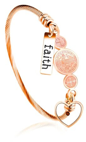 Tobestu Rose Gold Plated Twisted Rope Medal Bangle Bracelets for Women - Stainless Steel Faith Heart-Shape Mustard Seed CSPB Cross Bracelet for Christmas Birthday Y4231