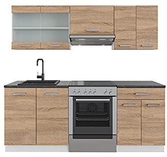 Vicco Küchenzeile R-Line, Küchenblock, Sonoma/Weiß, 200 cm, AP Anthrazit