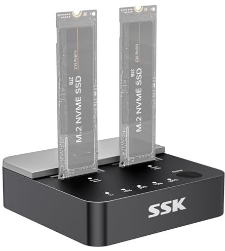 SSK Festplatten Docking Station, 20Gbps Dual Bay NVMe M.2 SSD Gehäuse, Werkzeuglos Dockingstationen für Festplatten Adapter USB 3.2 Gen 2X2 Clone NVMe Gehäuse for M Key PCIE NVMe SSD Case