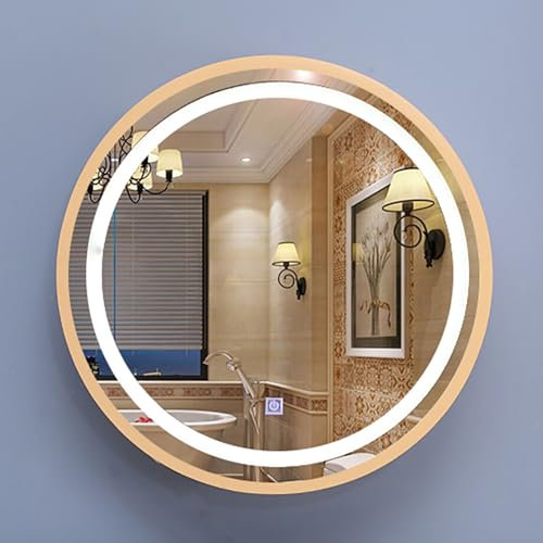 JDSHFEN Beleuchteter Wandspiegel aus Holz mit Touch-Schalter, runder Spiegel mit Stauraum für Badezimmer, Schminktisch, intelligenter Kreisspiegel (Farbe: Holz, Größe: 60 cm) (Holz 60 cm)