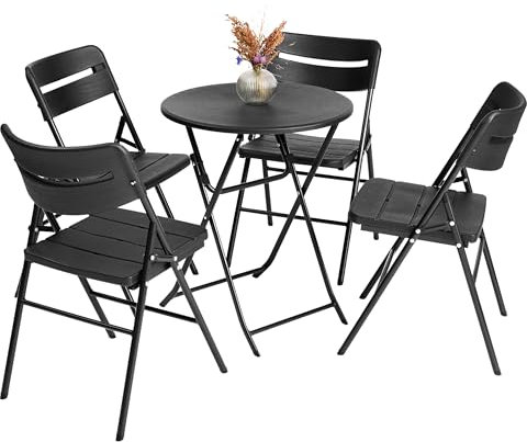 Small Round Folding Table & 4 Folding Chairs Set - Small Outdoor Coffee Table & Chairs with HDPE Top & Powder-Coated Steel Frame for Outdoor Coffee, Office, Patio, Balcony - Fully Assembled