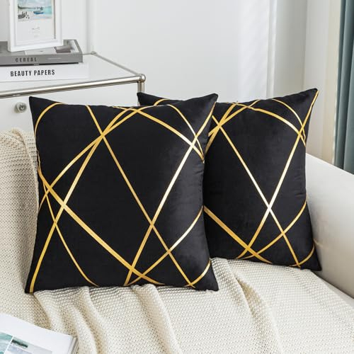 Kissenbezug 40 x 40 cm Schwarzer Sofakissen Herbst Kissenbezüg mit Gold Geometrie Linie Kissenhülle Modernes Dekokissen Samt Zierkissen 2er Set für Schlafzimmer Couch Sofa Bett