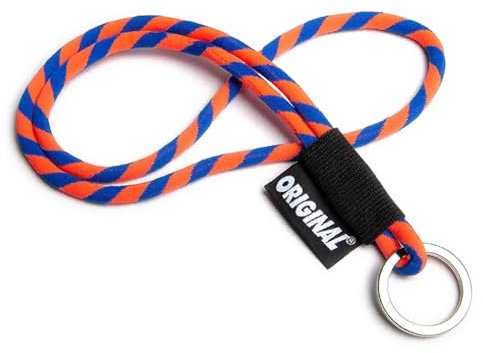 OLLIE TRICK LANYARD TUBE LONG Cordon tour de cou tubulaire original avec anneau en métal pour clés de voiture et gadgets - Cordon de 8 mm d'épaisseur coloré robuste et autocollants, Orange/bleu,