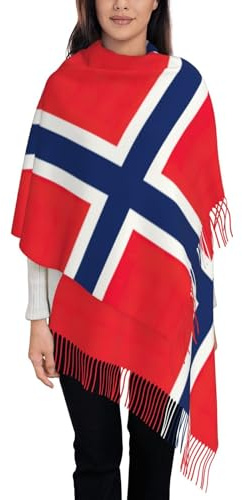 JIPOFD Traditioneller Damen-Schal mit norwegischer Flagge, 197,1 x 71,9 cm, Übergröße, mit Fransen