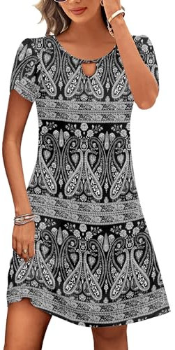 Zeagoo Summer Casual Dresses for Women Boho Green Floral Printed Dress Fit and Flare Swing Dresses Elegant Tunic Dress Black White XXL