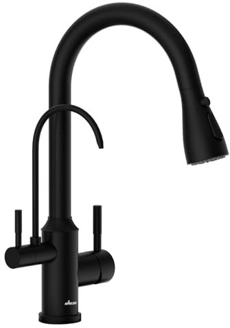 APPASO 3 Wege Wasserhahn Küche Schwarz ohne Wasserfilter, 3 in 1 Mischbatterie Küche für Wasserfilter,2 hebel 360° Drehba Armatur Küche, Trinkwasserhahn mit Ausziehbarer Handbrause