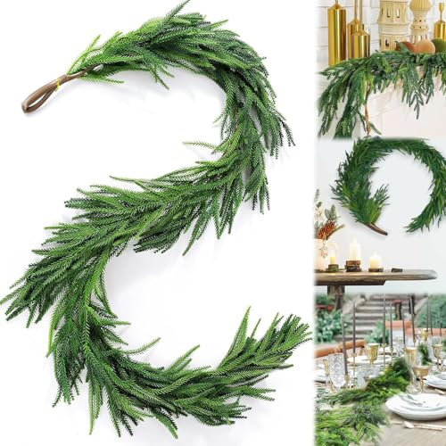 Guirnalda de Navidad artificial de pino Norfolk, decoración navideña, guirnalda de cedro al tacto real, para mesa de vacaciones, chimenea, chimenea, ventana, interior y exterior (1,8 m/5,91 pies)