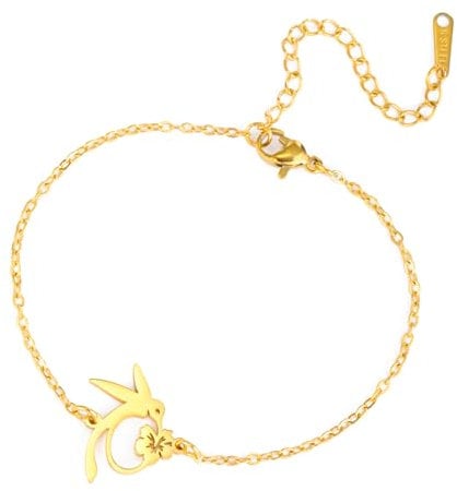 TEAMER Zierliche Kolibri Blumen Armbänder Kolibri Blumenanhänger aus Edelstahl Glücklicher böhmischer Tierschmuck für Frauen und Männer (Gold)
