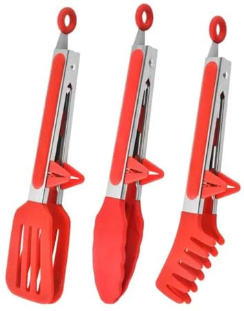 Hemasa Juego de 3 pinzas de cocina antideslizantes de silicona de acero inoxidable, color rojo