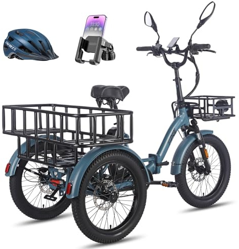 Fafrees F20 MATE - Triciclo Elettrico per Adulti Pieghevole con 75km Autonomia, Motore 65N.m e Freni Idraulici - Bici Elettrica 3 Ruote per Uomo Donna (BLU+post.allarg+cest.ant)