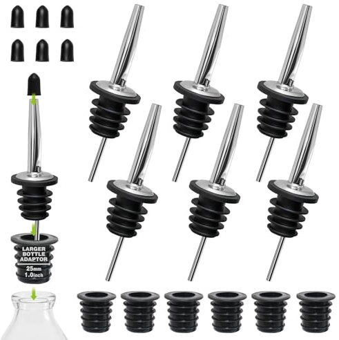 BALTRE 6PCS Bottle Pourer with Adapters, Oil Pourer Spout with Rubber Dust Caps, Stainless Steel Liquor Pour Spout, Speed Pourers for Alcohol, Olive Oil, Bartender Accessories