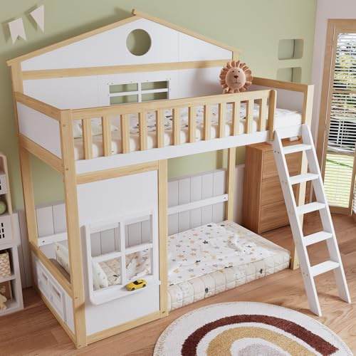 90 x 200cm Etagenbett, Hausbett, Hochbett mit Treppe,Fallschutz und Gitter, Kinderbett mit Dach und Fenster, Frei gestaltetes Unterbett, Rahmen aus Kiefer,Weiß+Natur