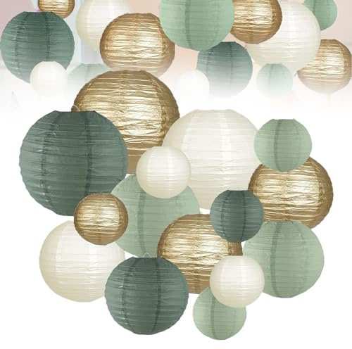 15 Pcs Papierlaternen Dekoration, Salbeigrün Papier Laterne, Grün Gold Papier Laterne Runde-Papierlaterne Für Hochzeit Rustikale Party Brautparty Geburtstagsparty Gartenparty Deko
